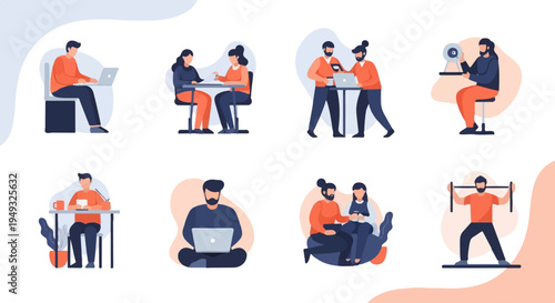 Diverse individuals engaged in various activities, including work and exercise