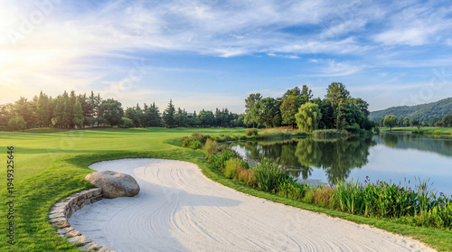 A beautiful photograph of a well-maintained golf course with a large sand bunker and serene lake under a blue sky.