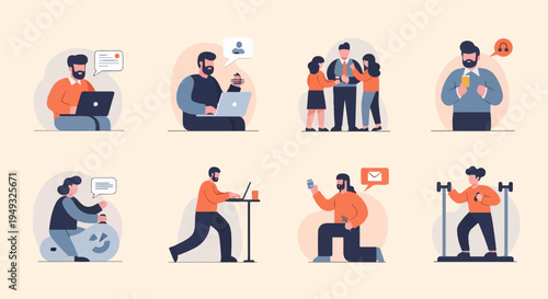 Diverse individuals engaged in various activities including work and fitness