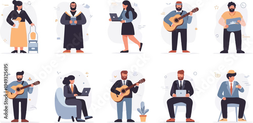 Diverse individuals engaged in various activities, including music, work, and study