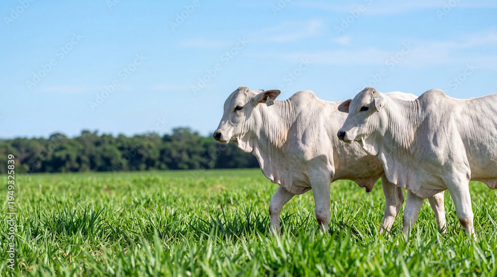 Obraz premium Two white Nellore cattle walking gracefully through a vibrant green pasture under a bright blue sky on a sunny day.