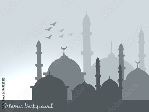 Silhouette of multiple majestic mosque domes and towering minarets against a soft gradient sky creates a serene and spiritual visual backdrop perfect for religious greetings or cultural celebrations.