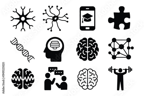 Cognitive rehab vector icons, solid style, neuron, synapse, learning app, puzzle piece, rehabilitation tools, brain training and recovery therapy concept.