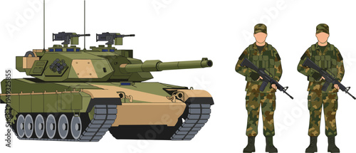 Military battle tank with armed soldiers in camouflage uniform modern army defense vehicle vector illustration
