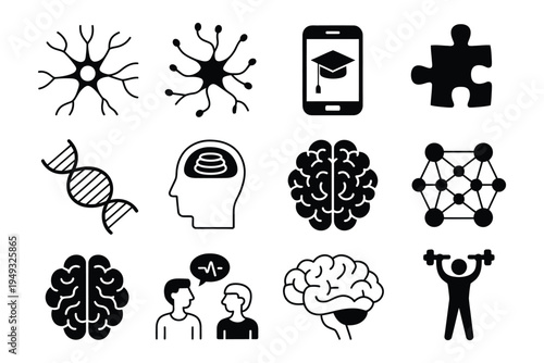 Cognitive rehab vector icons, solid style, neuron, synapse, learning app, puzzle piece, rehabilitation tools, brain training and recovery therapy concept.
