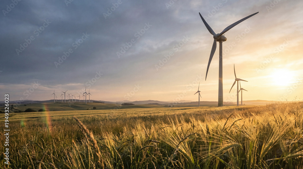 Fototapeta premium Realistic photograph capturing multiple wind turbines in a vast golden crop field at sunset.