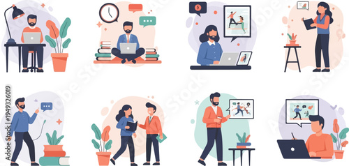 Diverse individuals engaged in remote work, learning, and collaboration