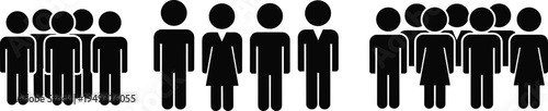 Minimalist black human silhouettes arranged in three groups representing community segmentation, demographics, teamwork, social structure or population distribution concept illustration