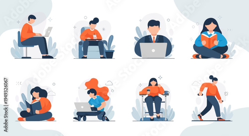 Diverse individuals engaged in remote work and leisure activities at home