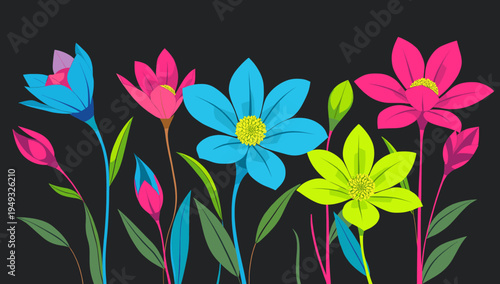 A vibrant and modern floral illustration against a dark background. Ideal for website backgrounds, spring promotions, or adding a touch of freshness t