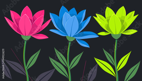 A vibrant and modern floral illustration against a dark backdrop. Ideal for backgrounds, website graphics, or conveying concepts of beauty and freshne