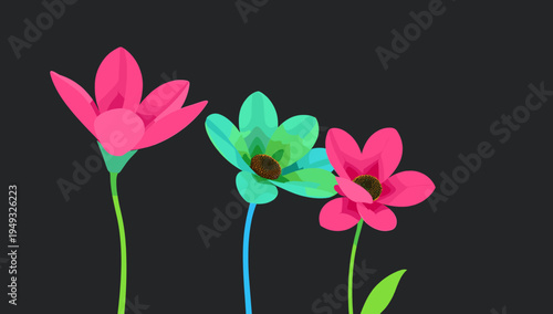 A vibrant, minimalist floral illustration against a dark background. Ideal for modern designs, website backgrounds, or creative marketing materials ev