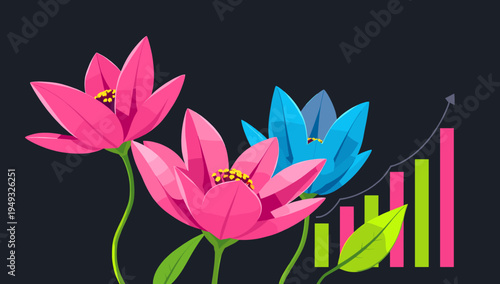 A vibrant, stylized pink flower against a dark background evokes feelings of freshness and growth, ideal for springtime marketing or website backgroun