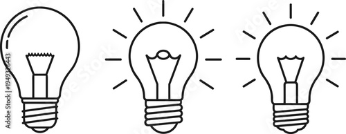 Light bulb line icon set with glowing idea symbols creative innovation electricity concept outline vector illustration isolated on white background