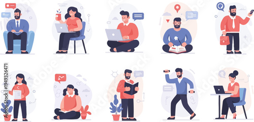 Diverse individuals engaged in remote work, learning, and personal activities