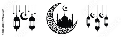 Islamic decorative elements vector set featuring crescent moon, star, mosque silhouette, and hanging lanterns, ideal for Ramadan, Eid, and cultural celebrations