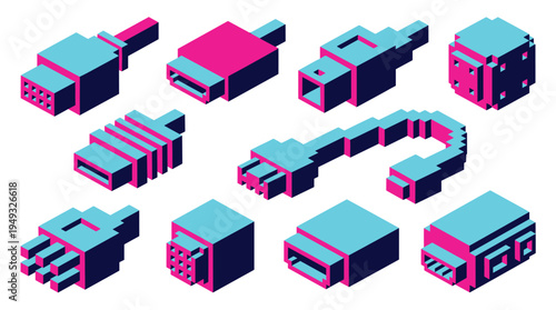 A collection of ten isometric pixel art computer cable connectors and plugs in a vibrant cyan and magenta color palette.