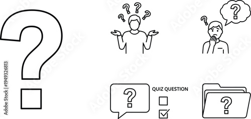 A collection of question mark symbols and puzzled characters in simple line art