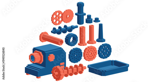 An exploded view of an isometric pixel art meat grinder showing all its disassembled blue and orange parts on a white background.