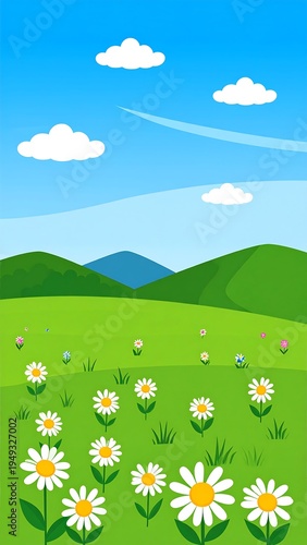 Colorful meadow with hills under a bright sky