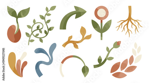 A set of twelve stylized plant growth icons, including a sprout, vine, roots, and flower, are isolated on a plain white background.