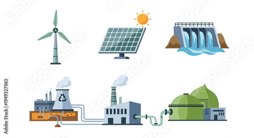Energy Sources and Power Generation Set: Wind, Solar, Hydro, Nuclear, Industrial, and Biogas Plants Vector Illustration