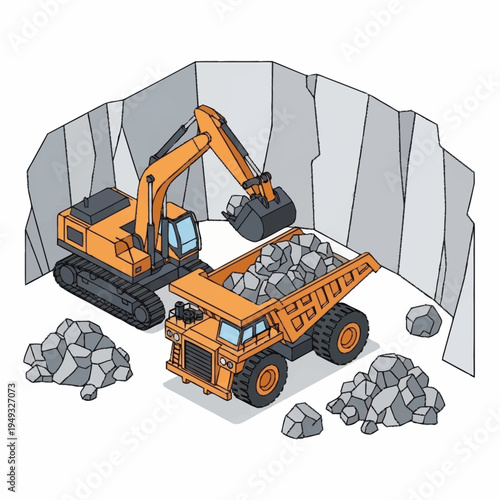 Heavy Machinery Excavator Loading Rocks into Dump Truck.