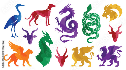 A diverse set of thirteen colorful mythical creatures and animal silhouettes, including a dragon and griffin, is displayed on a white background.