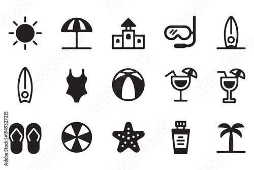 Summer Vacation and Beach Holiday Silhouette Icon Set Including Sun, Surfboard, Cocktail, and Palm Tree for Travel and Leisure Design
