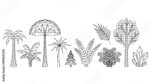 A set of ten black wireframe illustrations of trees and plants, including palms and ferns, is rendered in a low-poly style on a white background.