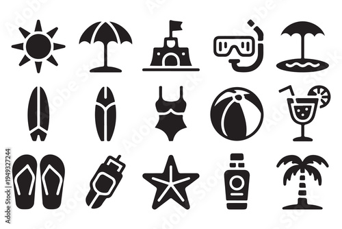 Comprehensive Summer Beach Holiday Silhouette Icons Set with Island, Surfboard, and Sunscreen for Tropical Travel and Tourism Marketing