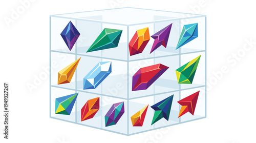 Sixteen colorful, faceted crystals in various shapes and hues are neatly arranged inside a transparent, three-dimensional cubic grid on a white background.
