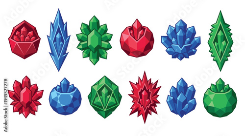 A set of twelve colorful pixel art gemstones in red, blue, and green are isolated on a white background.