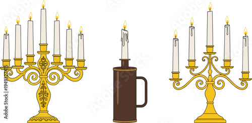 Comprehensive Vector Collection of Vintage Golden Candelabras and a Single Brown Candle Holder Featuring Lit White Taper Candles for Classic Interior Decor Design