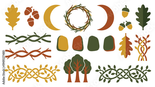 A set of pagan and Celtic-inspired icons, including oak leaves, moons, and knotwork, is displayed on a plain white background.
