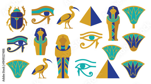 A collection of colorful ancient Egyptian symbols, including the Eye of Horus, pyramids, and scarab beetles, is isolated on a white background.