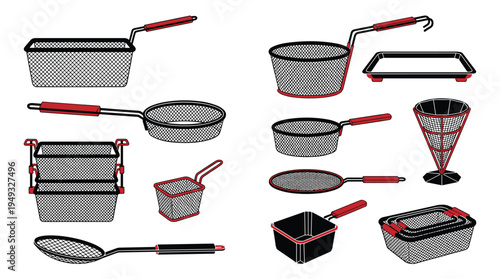 A set of twelve different deep-fryer baskets and kitchen strainers with red handles is illustrated on a white background.