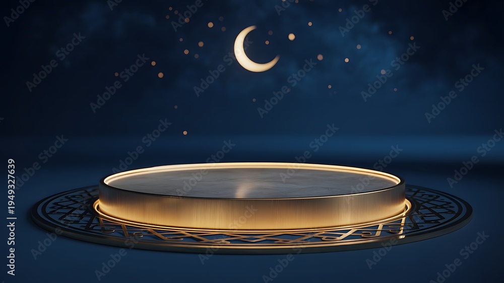 Obraz premium Golden Illuminated Podium with Crescent Moon and Stars