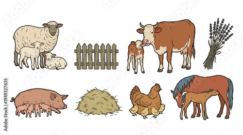 A charming collection of farm animals with their babies, including a cow, sheep, and horse, is illustrated in a hand-drawn style.