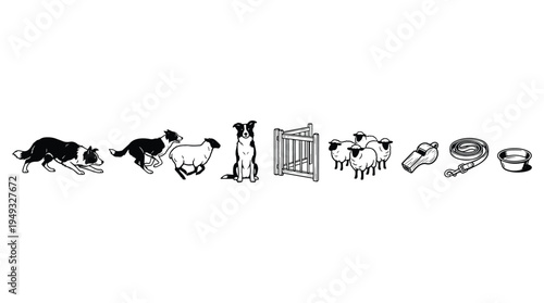 A minimalist set of black and white icons shows a border collie dog herding sheep and other sheepdog trial equipment.