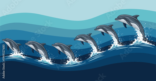 Dynamic Vector Illustration Featuring a Sequential Series of Dolphins Jumping Through Blue Ocean Waves with White Water Splashes for Marine Life Design