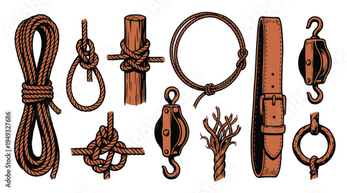 A set of hand-drawn illustrations shows various types of ropes, knots, pulleys, and a leather belt against a plain white background.