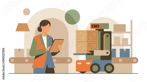 A female manager supervises an autonomous robot carrying wooden crates on a conveyor belt in a modern warehouse.