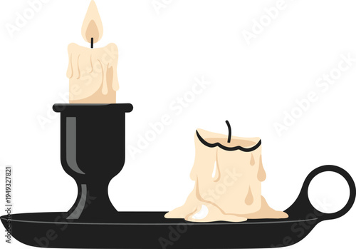 Hand Drawn Vector Illustration of a Vintage Black Chamberstick Holding Two Melting White Taper Candles with One Lit Flame for Classic Interior Decor