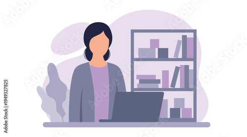 A faceless woman in a cardigan stands at a desk with a laptop in front of a bookshelf.