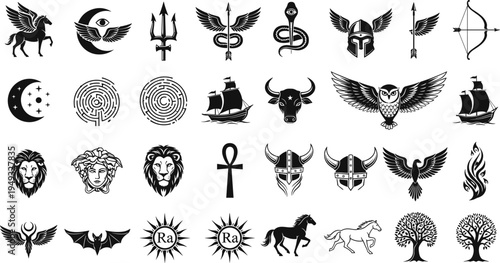 Ancient Mythology Symbols Collection Featuring Greek Roman and Egyptian Icons Pegasus Medusa Ra Eye Trident Viking Helmet Owl and Labyrinth CAD 