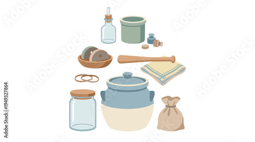 A collection of vintage kitchenware including a crock pot, glass jars, and a pestle is arranged on a white background.