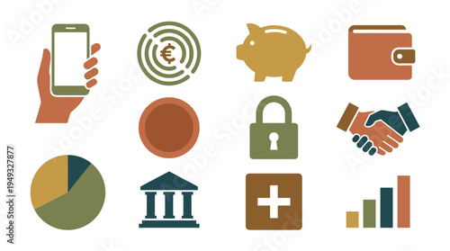 A set of twelve business and finance icons including a piggy bank, wallet, and handshake are displayed on a white background.