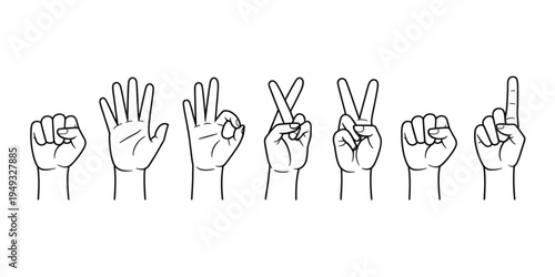 A collection of hand gestures showing various numerical signs and symbols in a simple line art style Vector