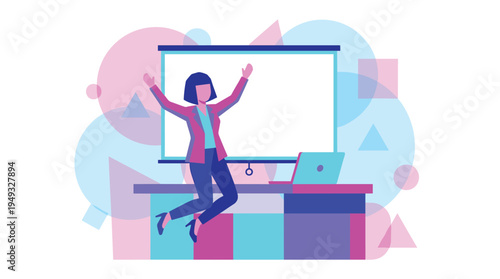 An excited businesswoman in a pink blazer jumps for joy at her desk in front of a blank projector screen.